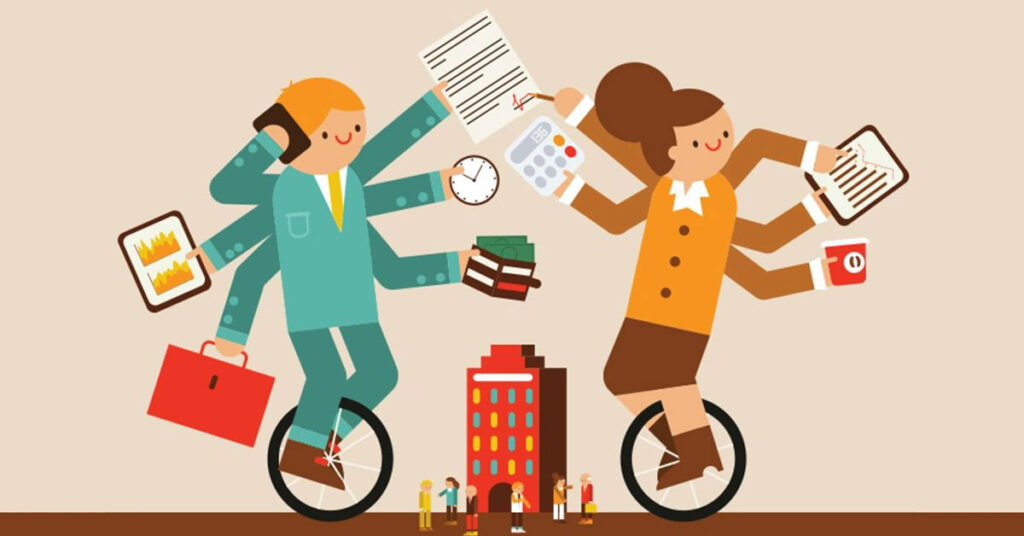 cartoon people multitasking on unicycle