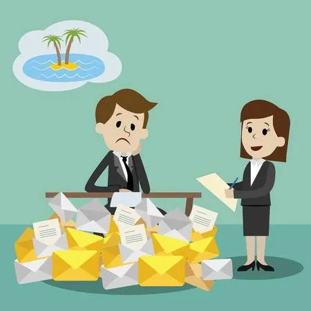 two cartoon employees dreaming of vacation while work piles up