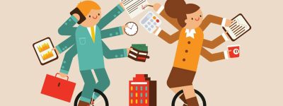 cartoon people multitasking on unicycle