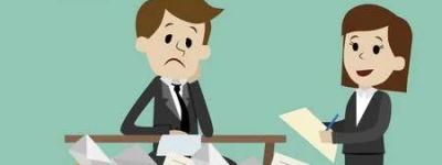 two cartoon employees dreaming of vacation while work piles up